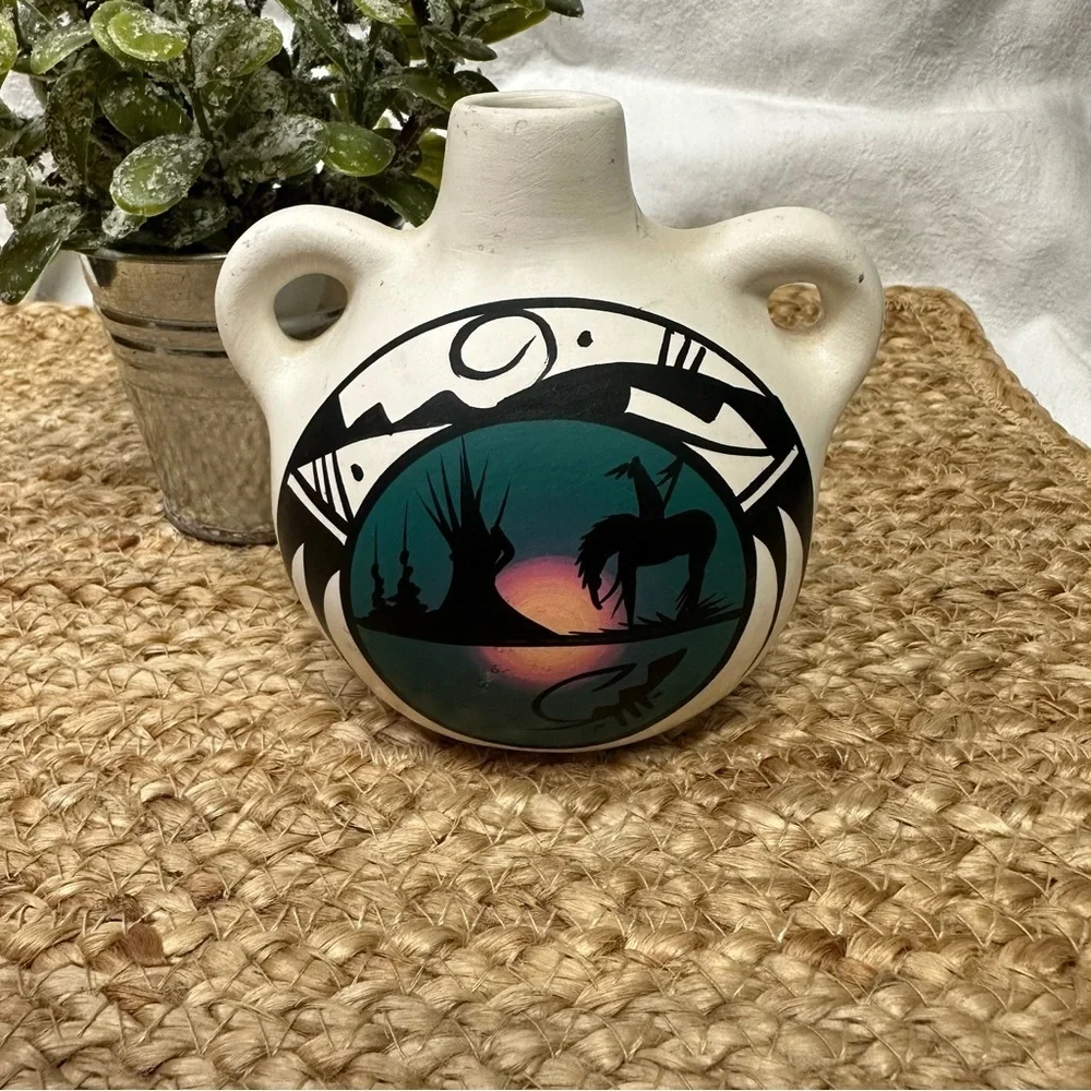 Native American Horse & Rider Navajo Water Vessel‎ Vase Jug Pottery